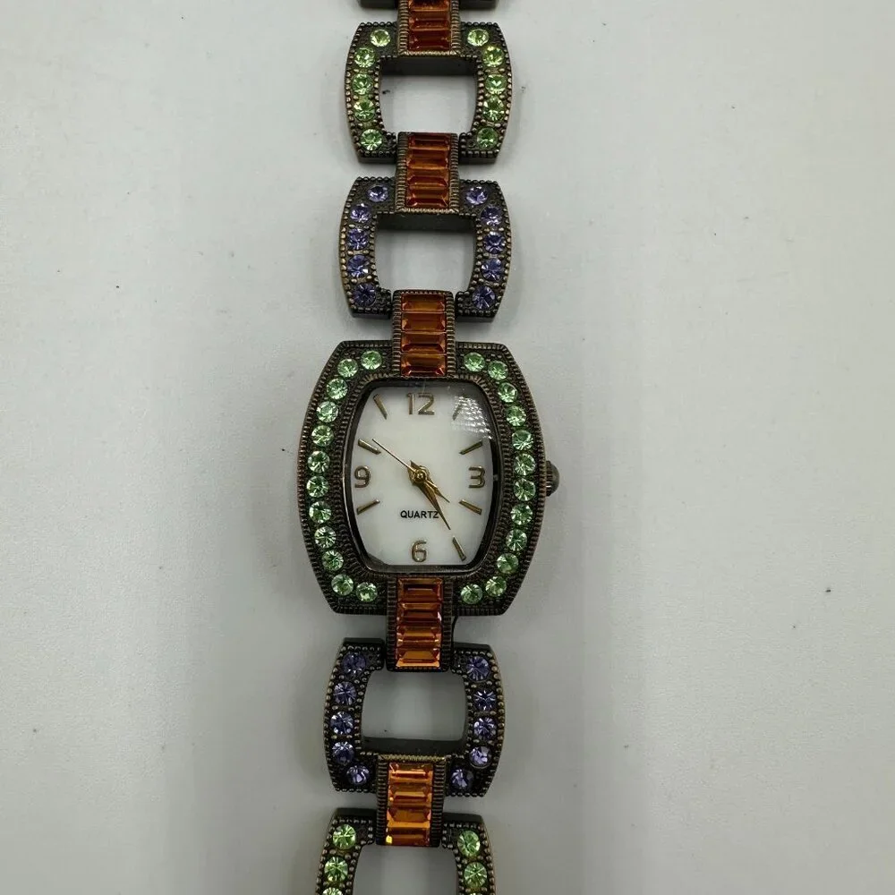 LA Vintage Rhinestone Watch Women Bronze Tone Green Purple New Battery 6.75 Inch